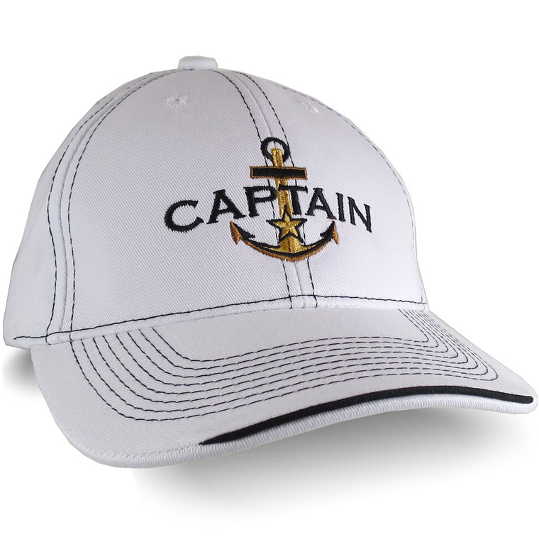 Nautical Star Golden Anchor Boat Captain Embroidery on an Adjustable White Structured Baseball Cap with Options to Personalize The Hat