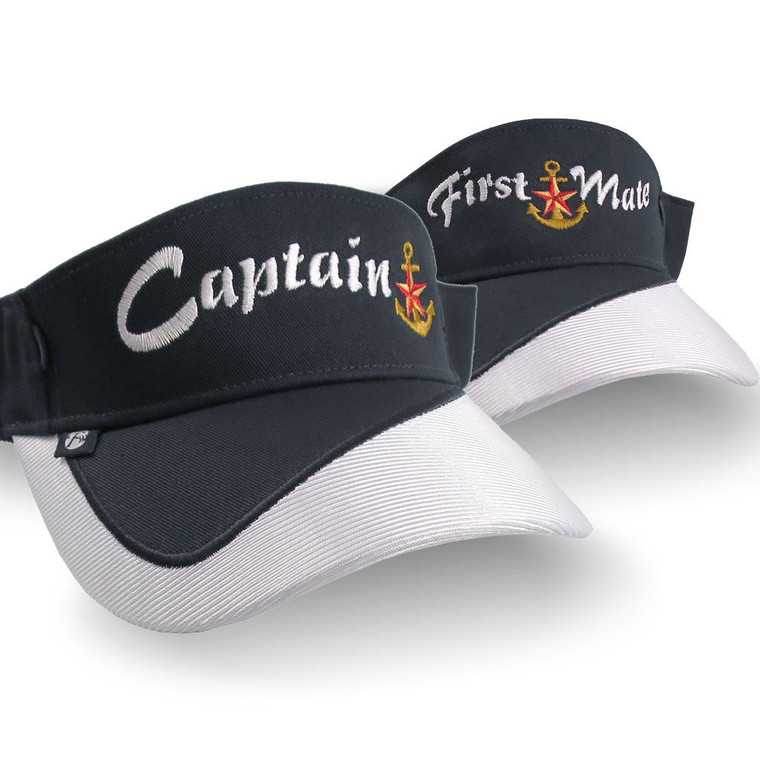 Captain and First Mate Nautical Star Anchor Embroidery Couple Navy Blue and White Visors Duo Adjustable Elegant Fashion Sun Hats