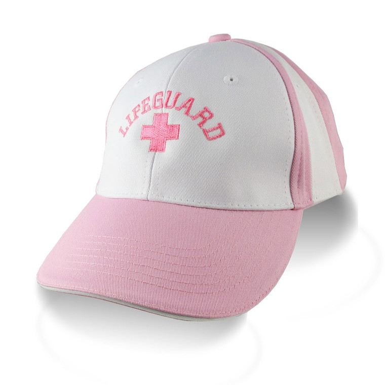 Beach Swimming Pool Lifeguard Pink Embroidery on an Adjustable Pink and White Structured Baseball Cap
