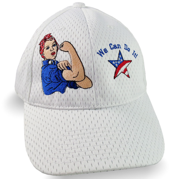 Rosie The Riveter We Can Do It American Flag Star Embroidery on an Adjustable Fashion Stylish Structured White Full Fit Baseball Cap