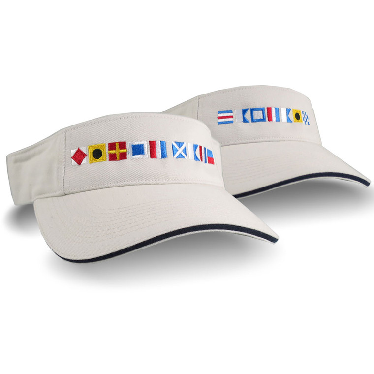 Captain First Mate Couple Spelled Out Nautical Flags Embroidery on a pair of Stone Beige Visors Duo Adjustable Elegant Fashion Sun Hats