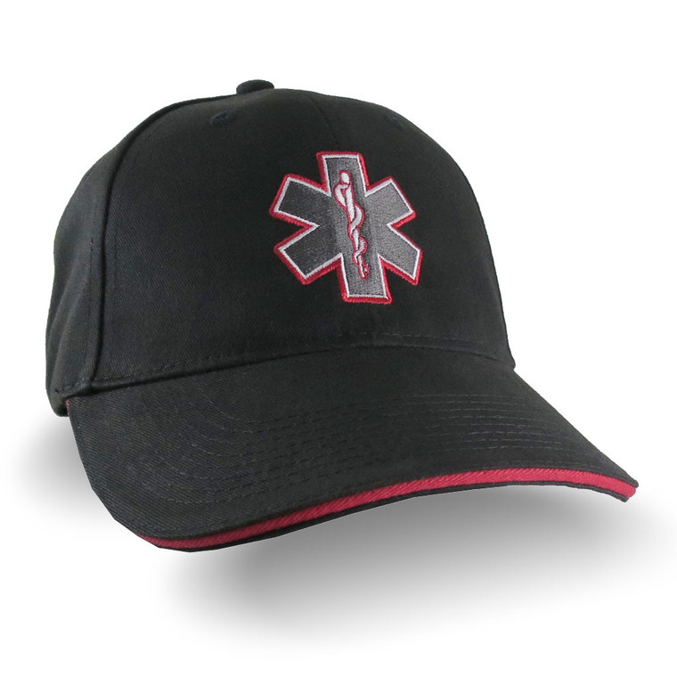 Paramedic EMT EMS Star of Life Embroidery on Adjustable Black Red Line Structured Baseball Cap with Options to Personalize on Two Locations