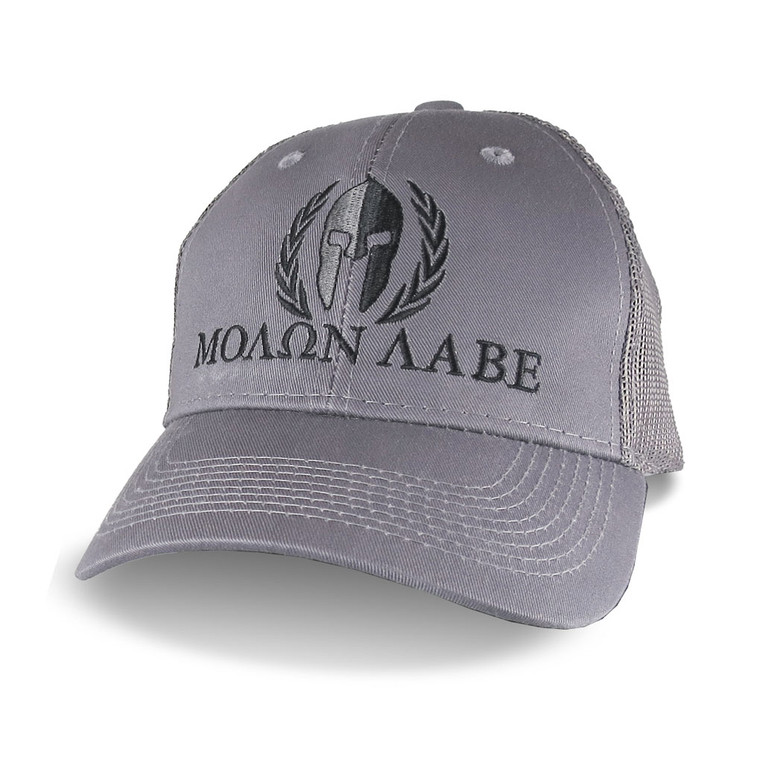 Molon Labe Roman Spartan Warrior Mask in Laurels Black Embroidery on an Adjustable Silver Grey Structured Trucker Style Snapback Ball Cap