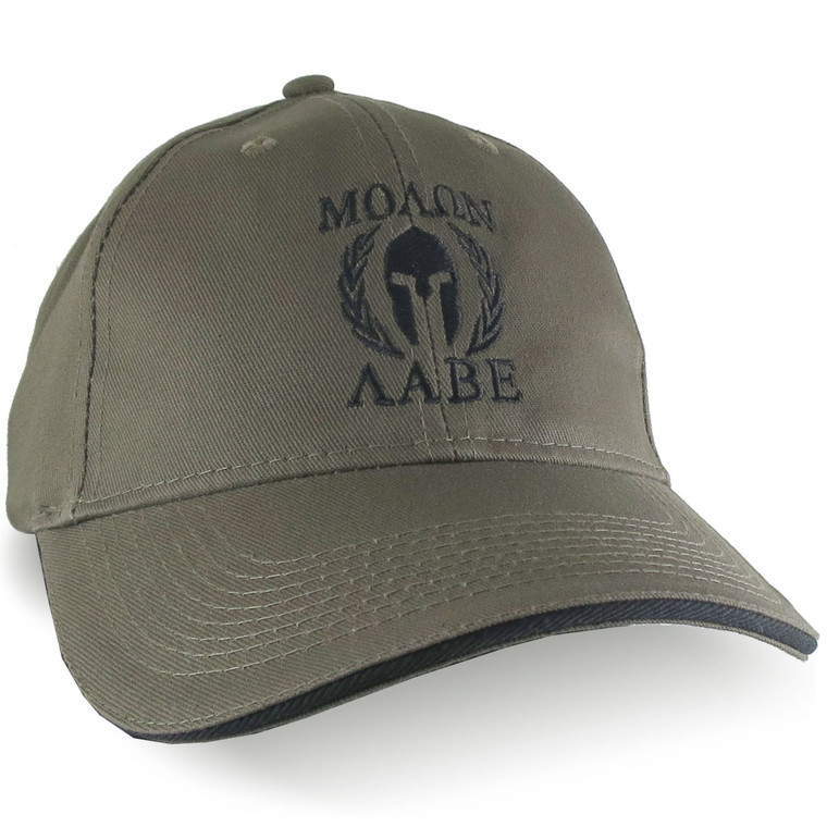 Molon Labe Spartan Warrior Mask Laurels Black Embroidery on an Adjustable Khaki Green Soft Structured Baseball Cap Personalization Options