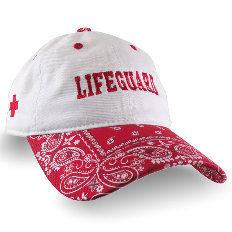 Lifeguard 2 Locations Embroidery on a Red and White Bandanna Adjustable Unstructured Baseball Cap Dad Hat with Options to Personalize