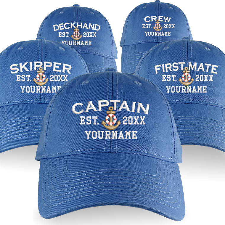 Custom Personalized Captain First Mate Skipper Deckhand Crew Embroidery on an Adjustable Unstructured Sky Blue Baseball Cap with Option