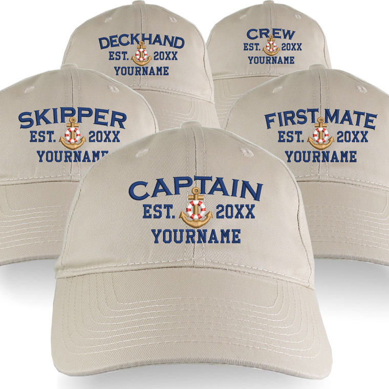 Custom Personalized Captain First Mate Skipper Deckhand Crew Embroidery on an Adjustable Unstructured Stone Beige Baseball Cap with Option