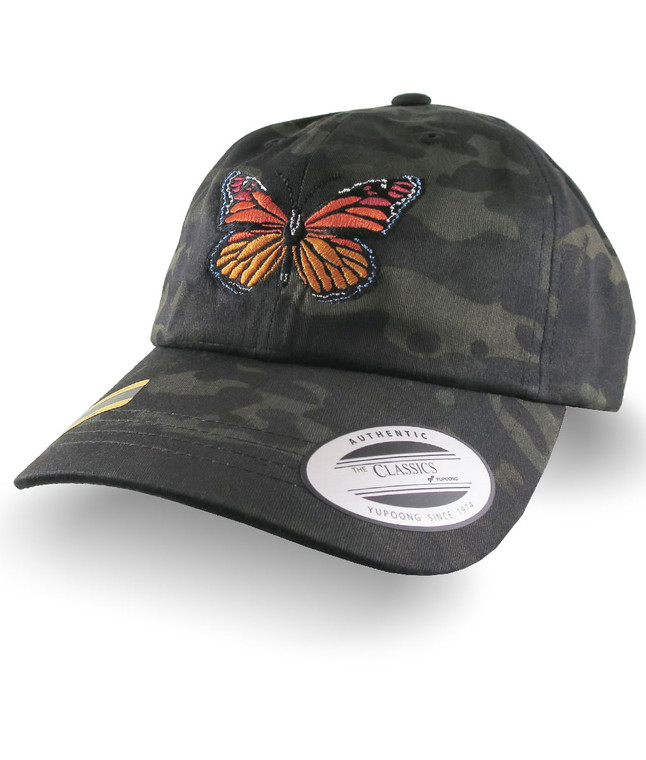 Monarch Butterfly Embroidery on an Adjustable Black Multicam Yupoong Unstructured Classic Baseball Cap Dad Hat Style