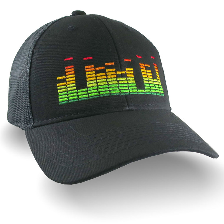 DJ Club Music Sound Equalizer Graphic Embroidery on an Adjustable Black Structured Trucker Cap with Options to Personalize