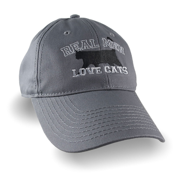 Real Men Love Cats Embroidery on an Adjustable Charcoal Grey Unstructured Mid-Profile Classic Baseball Cap + Option to Personalize the Back