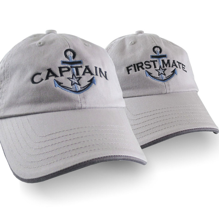 Nautical Silver Star Anchor Captain + First Mate Embroidery 2 Adjustable Grey Unstructured Baseball Caps Options to Personalize Dad Hats