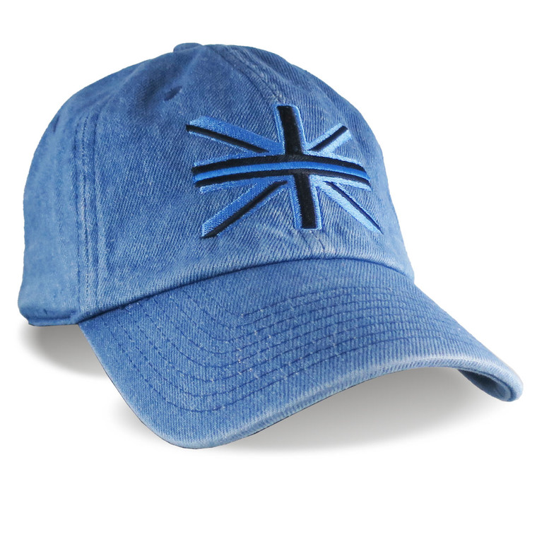 The Thin Blue Line Symbolic on the Union Jack UK Flag Embroidery on an Adjustable Fashion Stylish Unstructured Blue Denim Baseball Cap