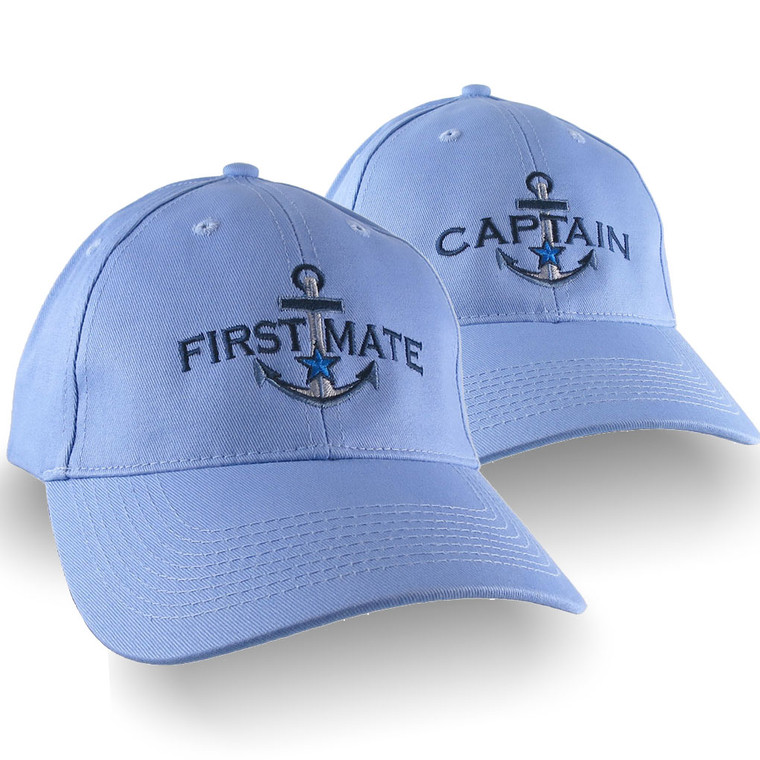Nautical Blue Star Anchor Captain and First Mate Embroidery 2 Adjustable Sky Blue Structured Baseball Caps and Options Personalize Both Hats