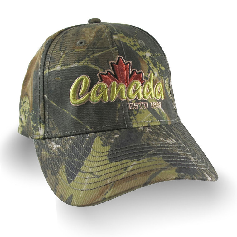 Canada 3D Puff Raised Embroidery ESTD 1867 on an Adjustable Woodsman Green Camo Baseball Cap Happy Canada Day + Option to Personalize