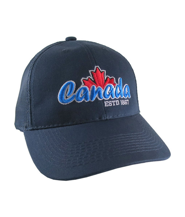 Canada 3D Puff Raised Embroidery ESTD 1867 on an Adjustable Navy Blue Full Fit Classic Trucker Cap Happy Canada Day + Option to Personalize