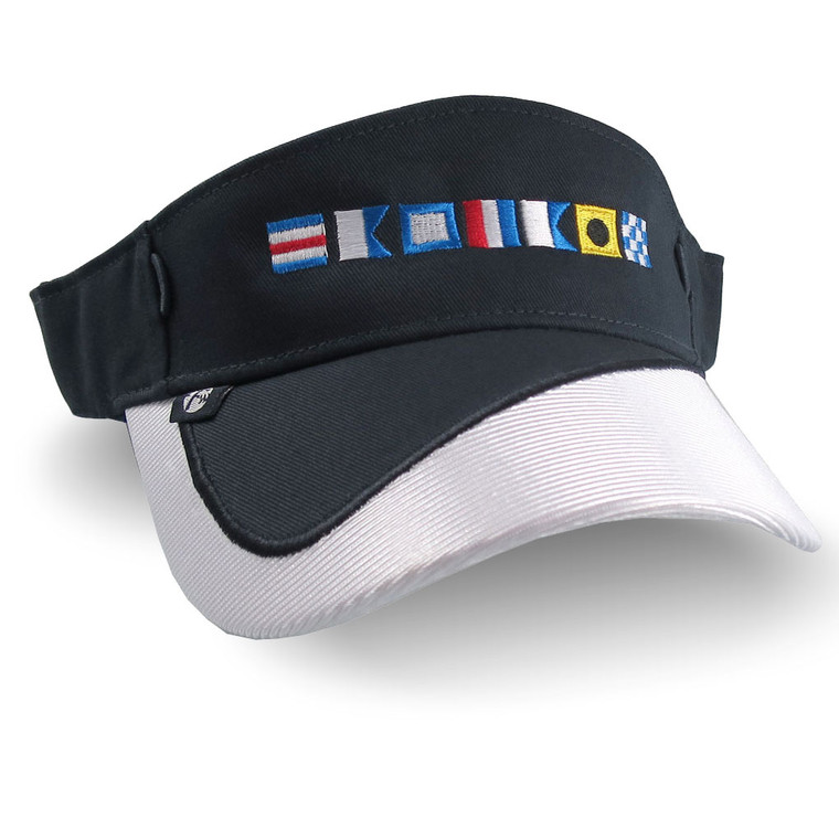 Boat Captain Nautical Flags Embroidery on a Navy Blue and White Visor Adjustable Elegant Fashion Sun Hat