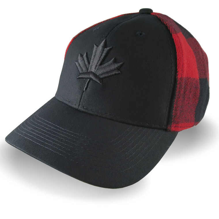 Black Canadian Maple Leaf 3D Puff Embroidery on an All Season Adjustable Black and Buffalo Check Red Plaid Full Fit Classic Baseball Cap