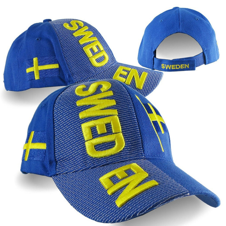 Sweden Multiple Locations Embroidery on Adjustable Royal Blue Structured Classic Fit Baseball Cap Options to Personalize with Name and Text