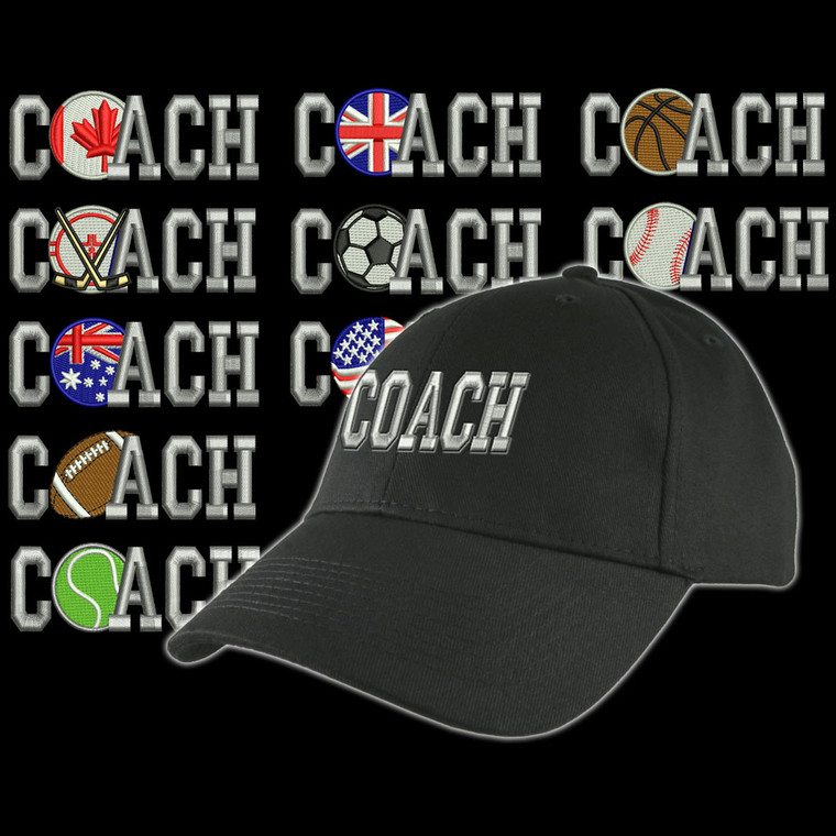 Custom Personalized Coach Embroidery on an Adjustable Structured Black Baseball Cap Front Decor Selection with Options for Side and Back