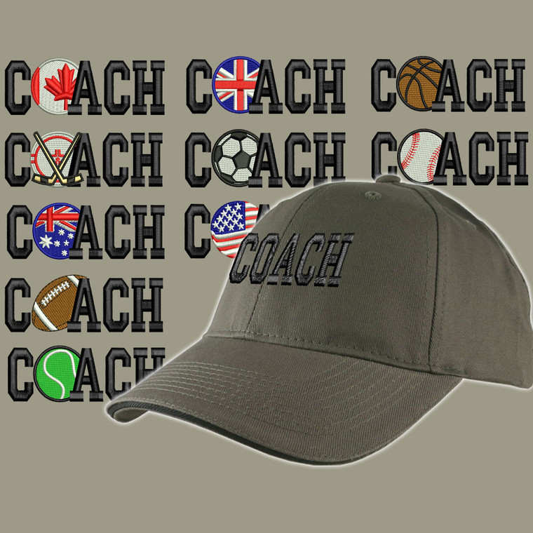 Custom Personalized Coach Embroidery on an Adjustable Structured Khaki Green Baseball Cap Front Decor Selection + Options for Side and Back