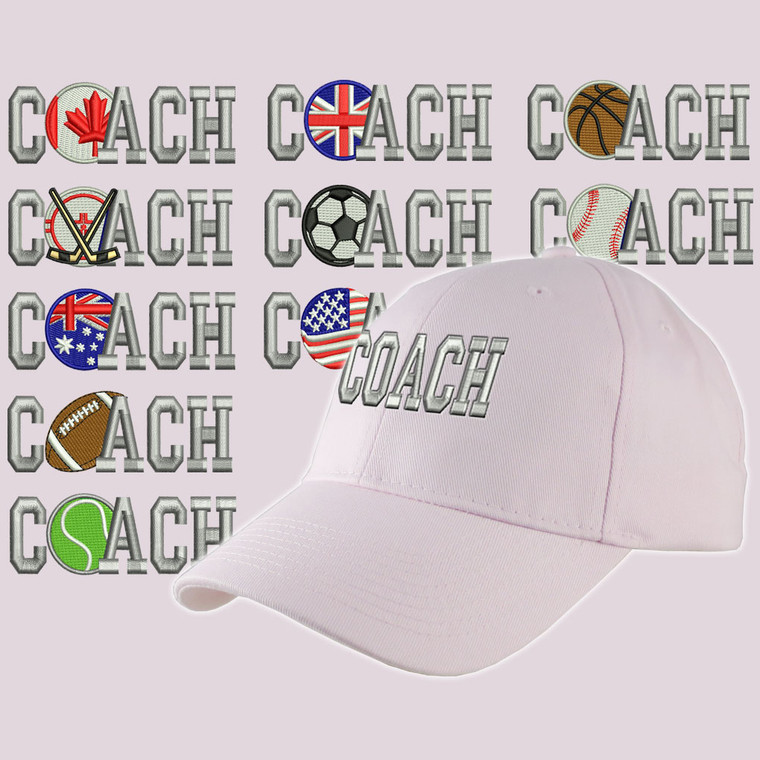 Custom Personalized Coach Embroidery on an Adjustable Structured Pink Baseball Cap Front Decor Selection with Options for Side and Back