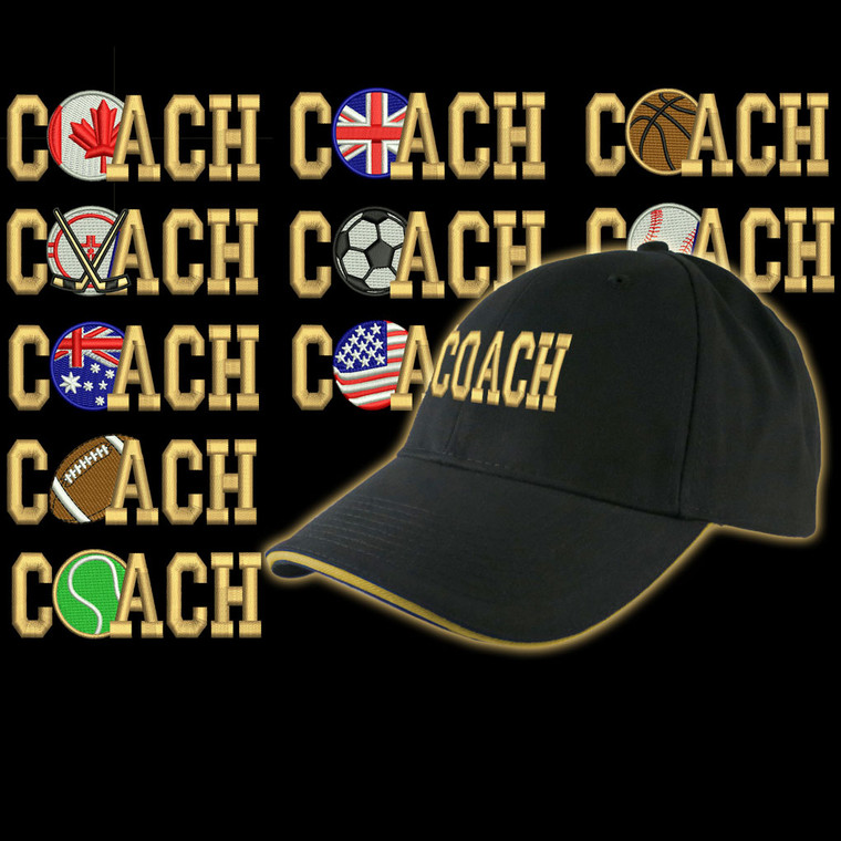 Custom Personalized Coach Embroidery on Adjustable Structured Black Baseball Cap Front Decor Selection Options for Side and Back