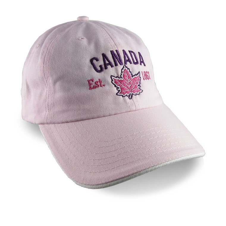 Canada Established 1867 Retro Style Maple Leaf Purple and Fuchsia Embroidery on an Adjustable Pink Unstructured Baseball Cap