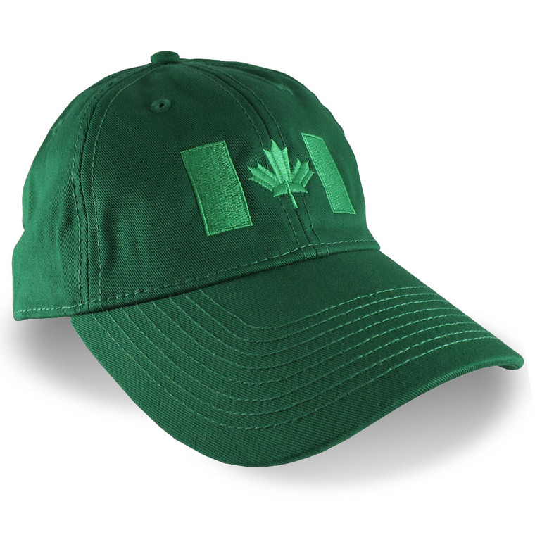 Canadian Flag Irish Green Embroidery Design on a Irish Green Adjustable Unstructured Baseball Cap Dad Hat for a Tone on Tone Fashion Look