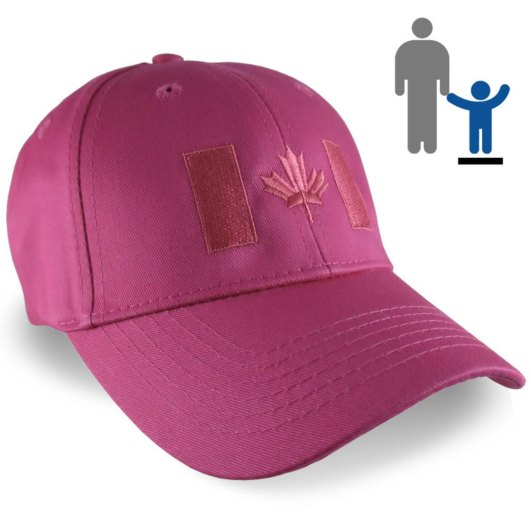 Canadian Flag Hot Pink Embroidery Design on a Hot Pink Adjustable Structured Baseball Cap for Kids Age 6 to 12 Tone on Tone Fashion Look