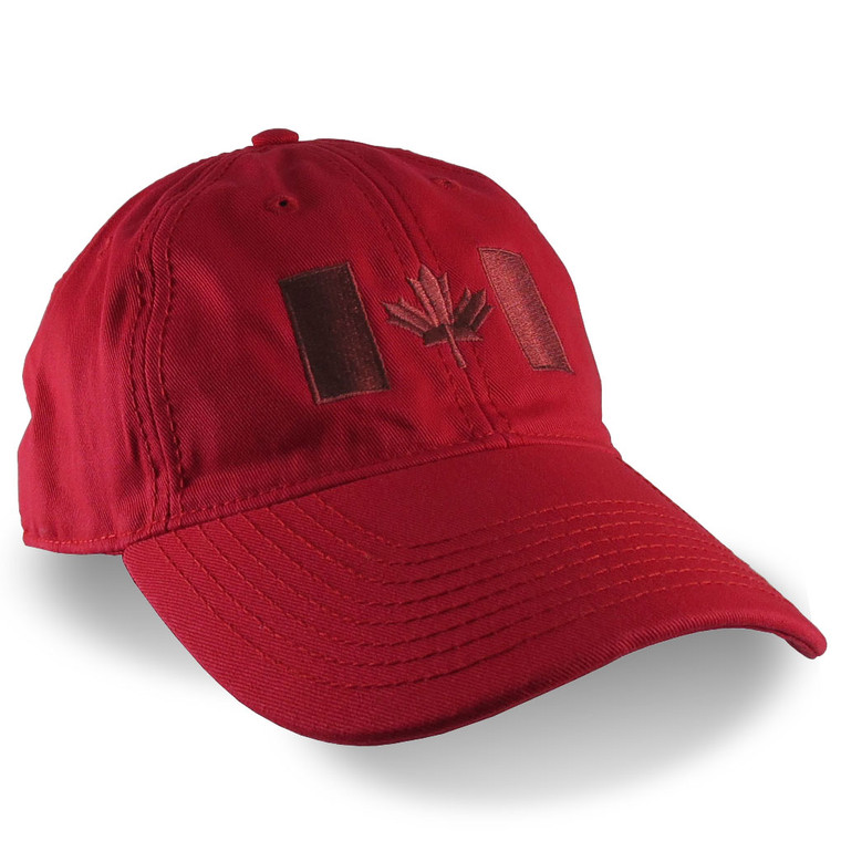 Canadian Flag Burgundy Red Embroidery Design on a Red Adjustable Unstructured Baseball Cap Dad Hat for a Tone on Tone Fashion Look
