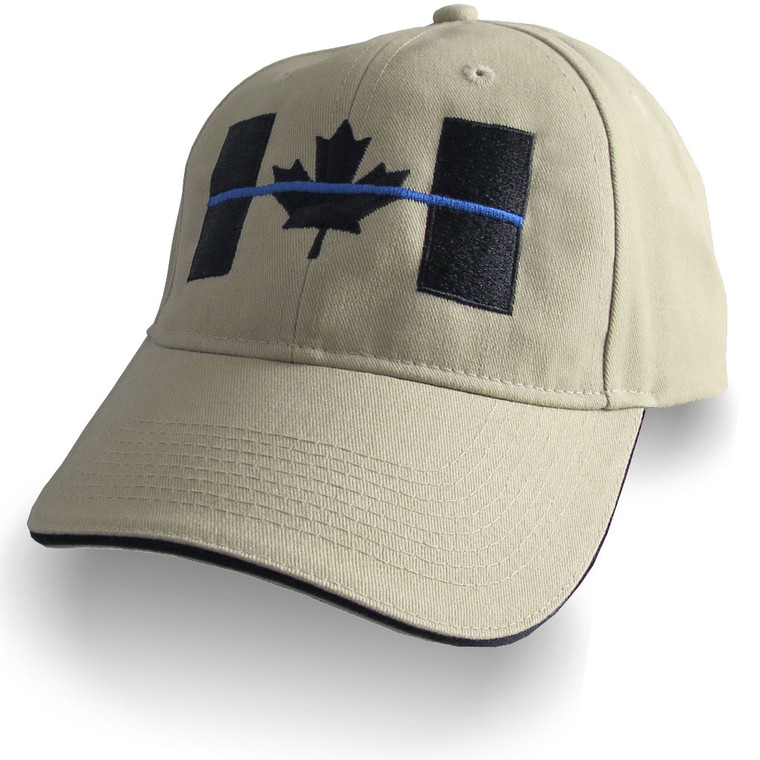 A Canadian Thin Blue Line Symbolic Black Blue Embroidery on an Adjustable Sand Beige and Black Trimmed Structured Adjustable Baseball Cap