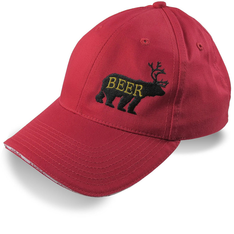 Deer Plus Bear for Beer Humorous Black Embroidery on an Adjustable Canada Themed Red Structured Fashion Baseball Cap