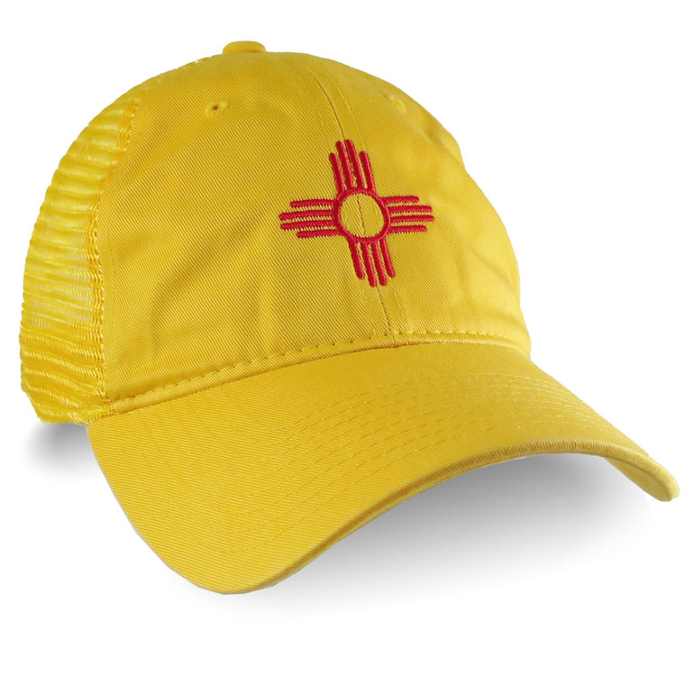 New Mexico Zia Symbol Embroidery on an Adjustable Yellow Unstructured Classic Trucker Mesh Cap