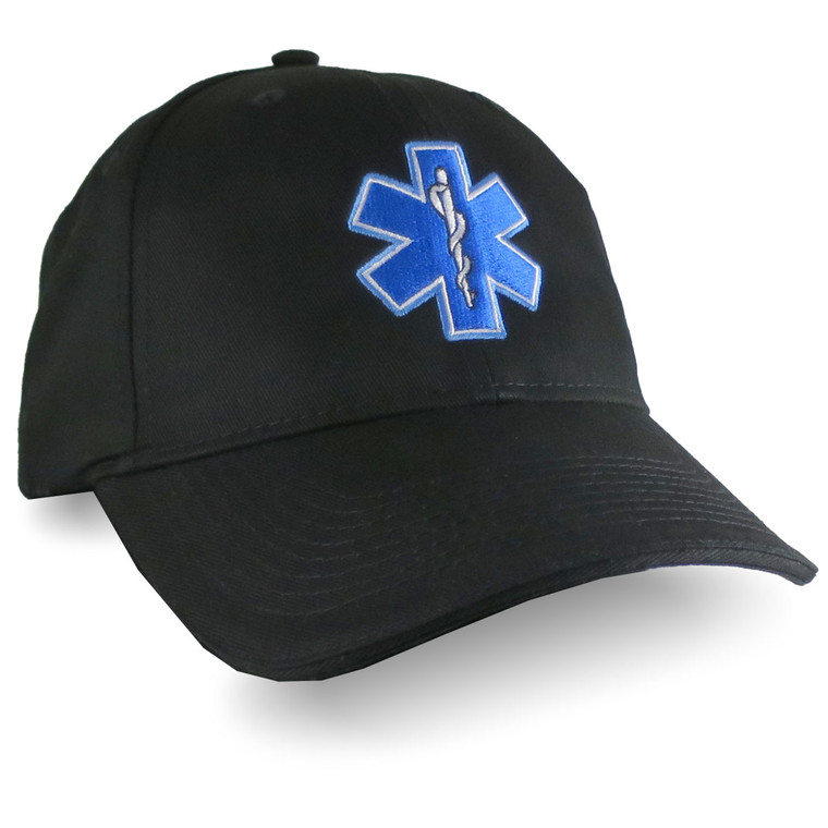 Paramedic EMT EMS Star of Life Embroidery on Adjustable Black Structured Premium Baseball Cap with Options to Personalize Two Locations