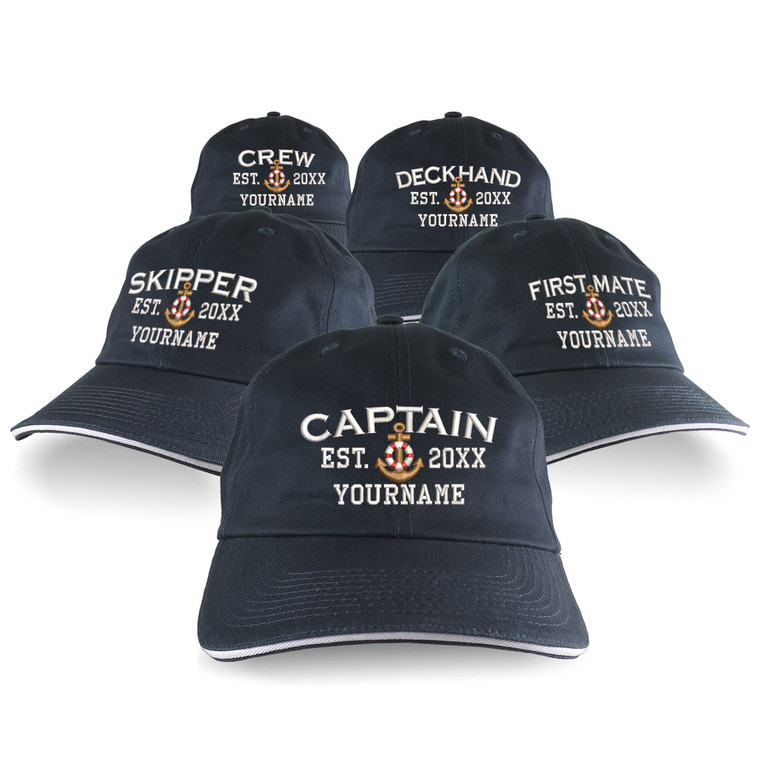 Custom Personalized Captain First Mate Skipper Deckhand Crew Embroidery Adjustable Unstructured Navy Blue Baseball Cap Dad Hat Style Option