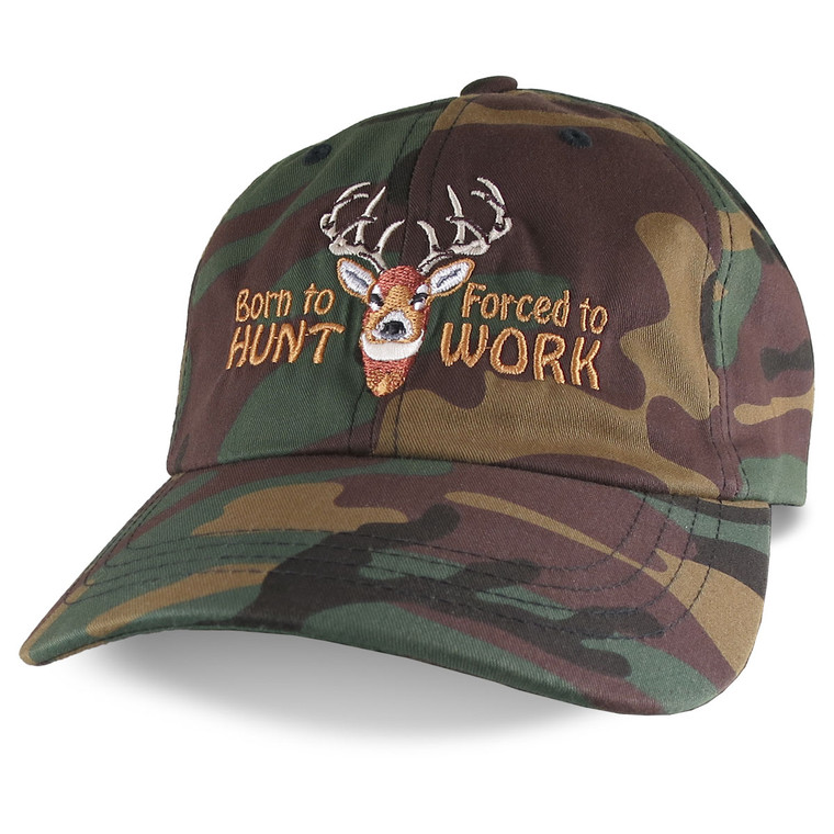 Born to Hunt Forced to Work White Tail Deer Buck Embroidery on Adjustable Unstructured Green Camouflage Dad Hat Style Baseball Cap with Personalization Options