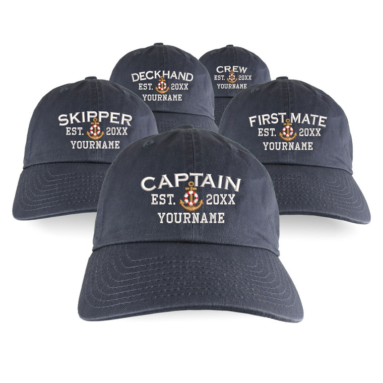 Custom Personalized Captain First Mate Skipper Deckhand Crew Embroidery on Adjustable Unstructured Charcoal Baseball Cap with Option