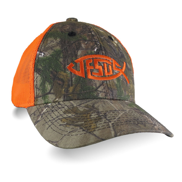 Jesus Ichthys Fish Design Embroidery on an Adjustable Realtree Camo Structured Truckers Style Safety Orange Snapback Ball Cap