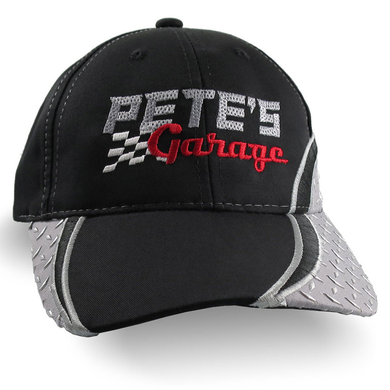 Pete's Garage Embroidery Design Adjustable Black and Silver Diamond Plate Structured Cap