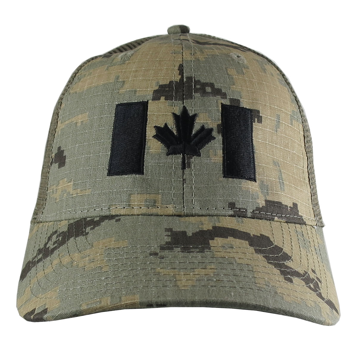 Canada Flag Black Embroidery on an Adjustable Structured Classic Tactical  Khaki Digital Camo Trucker Mesh Cap