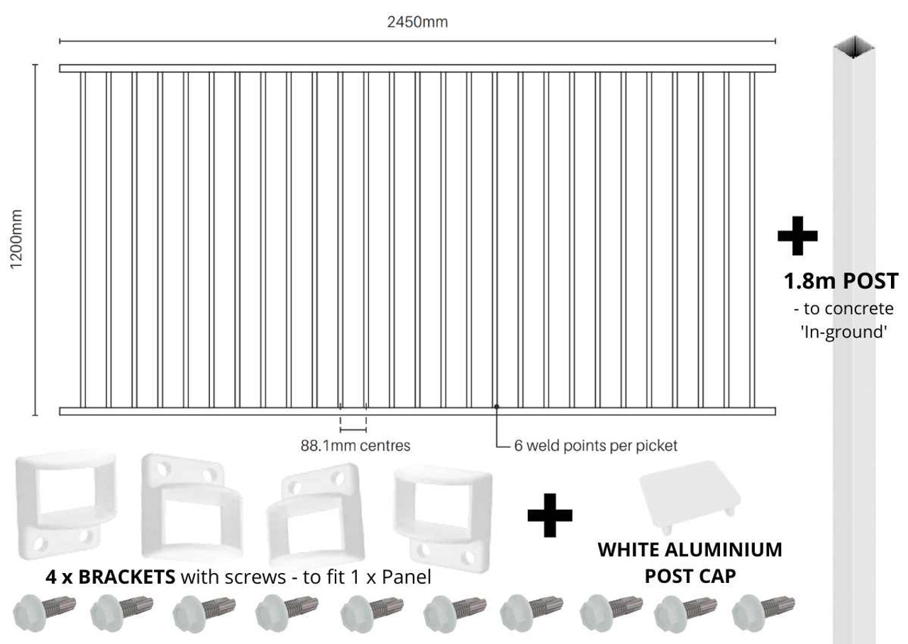 POOL FENCE EASY-BUY BUNDLE with Fittings and Inground Post in Premium Pearl White Pool Fence Panels in stock and ready to go! Buy Online Fast and Easy at Fence Guru!