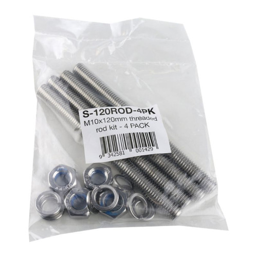 4 pack of 'Stainless Steel' Threaded Rod. 120mm x 10mm with nut and washers. Use to fix stainless steel glass spigot into concrete.