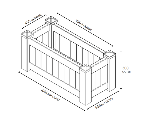 Diagram of Large White PVC Hamptons Planter Box - 1085mm long x 505mm wide - 500mm high - Info