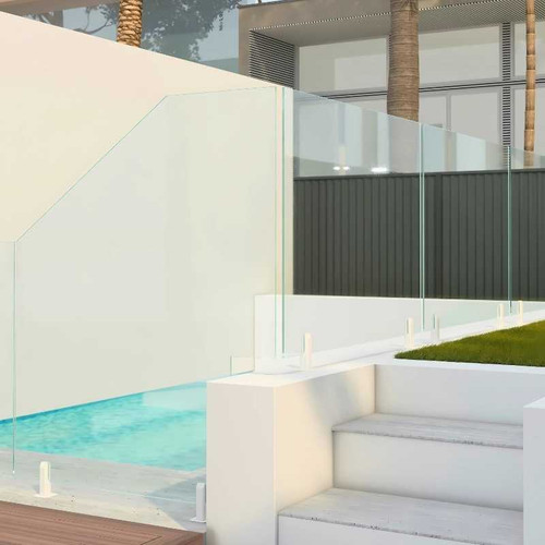 12mm Frameless Glass Raked/Sloping Retaining Wall Pool Fence Panel. Ideal for beside retaining walls, window sills, & overcoming tricky stepping point issues.