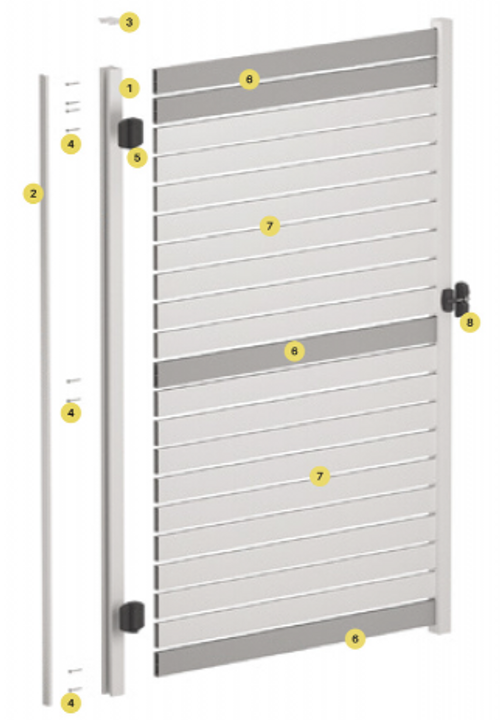 Diagram of assembly of 970mm to 1170mm Wide Slat Gate Frame Kit - Timber-Look. Diagram of assembly of 970mm to 1170mm Wide Slat Gate Frame Kit - Timber-Look.