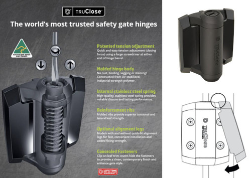 TRU-CLOSE Adjustable Pool Safe Gate Hinges are included with all Fence Guru Aluminium Pool Safe Pool Gate Kits TRU-CLOSE Adjustable Pool Safe Gate Hinges are included with all Fence Guru Aluminium Pool Safe Pool Gate Kits