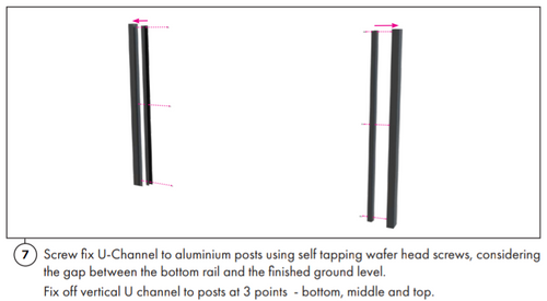 U Channels for installing Premium Aluminium Perforated Pool Fence Panels are affixed to the Fence Posts at 3 points. U Channels for installing Premium Aluminium Perforated Pool Fence Panels are affixed to the Fence Posts at 3 points.