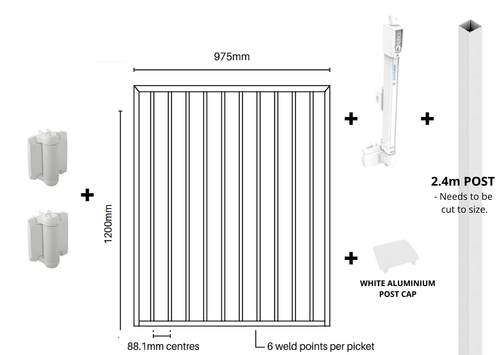 POOL GATE EASY-BUY BUNDLE - Premium Pearl White Pool Gate PLUS Premium White Pool Safe Hinges & Latch PLUS In-Ground Latch Post - 975mm wide x 1.2m high - Aluminium Flat Top Design. POOL GATE EASY-BUY BUNDLE - Premium Pearl White Pool Gate PLUS Premium White Pool Safe Hinges & Latch PLUS In-Ground Latch Post - 975mm wide x 1.2m high - Aluminium Flat Top Design.
