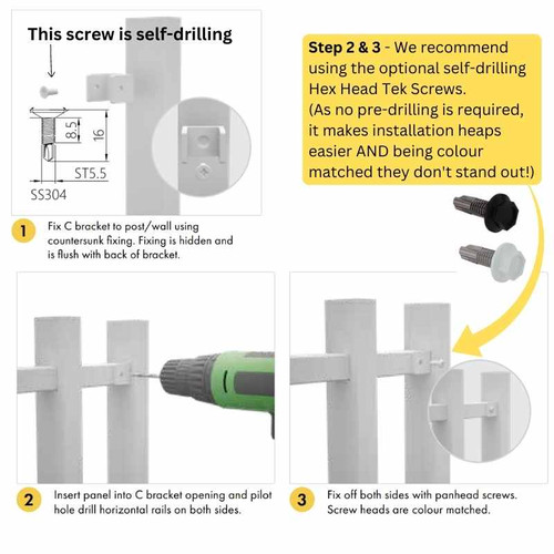 Installation of "C" Bracket Kit for BARRIER (BARR) Batten Fence Panel- SATIN BLACK  (4 PACK) - (Slimline Bracket Shown) Installation of "C" Bracket Kit for BARRIER (BARR) Batten Fence Panel- SATIN BLACK  (4 PACK) - (Slimline Bracket Shown)