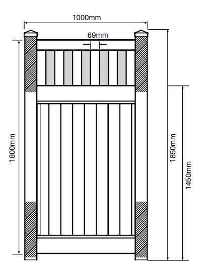 Drawing showing details of 1.8m High PVC Privacy Gate with Vertical Slat Feature Panel - 1m wide.